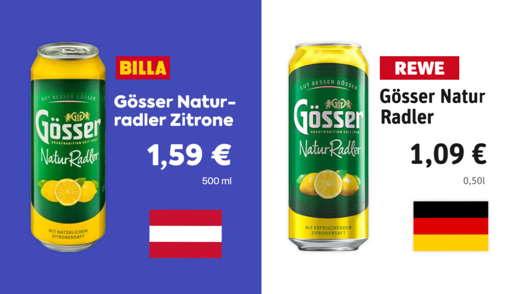Das Bild zeigt zwei Screenshots aus dem Billa und Rewe Onlineshops. Die Dose Bier ist in österreich um 50c teurer.