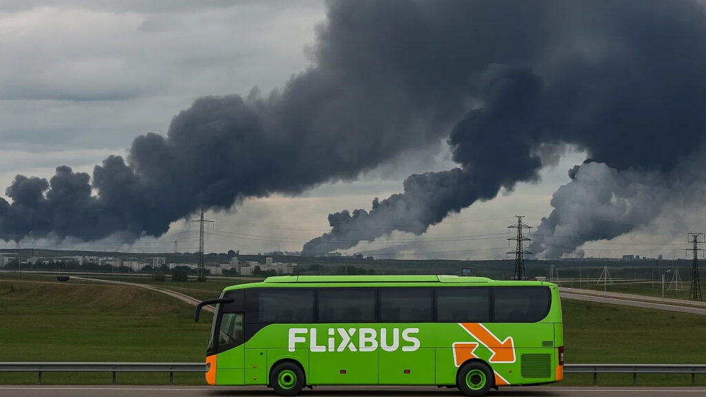 Flixbus vor verrauchter russischer Landschaft