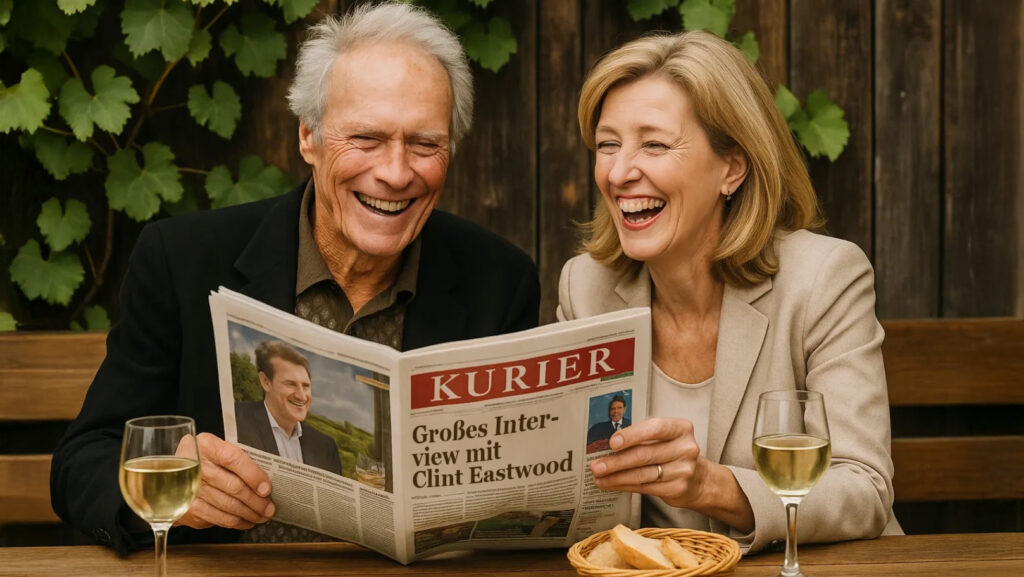 AI-Foto von Clint Eastwood und Martina Salomon, die beim Heurigen sitzen und lachend einen Kurier lesen.