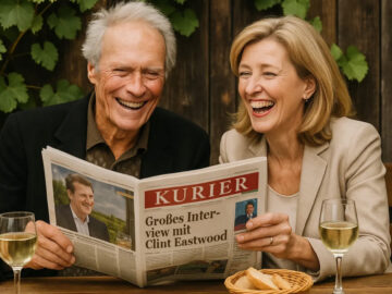 AI-Foto von Clint Eastwood und Martina Salomon, die beim Heurigen sitzen und lachend einen Kurier lesen.