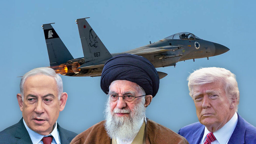 Das Bild zeigt Netanyahu, Khamenei und Trump vor einem israelischen Jet.
