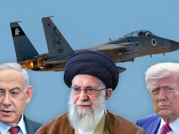 Das Bild zeigt Netanyahu, Khamenei und Trump vor einem israelischen Jet.