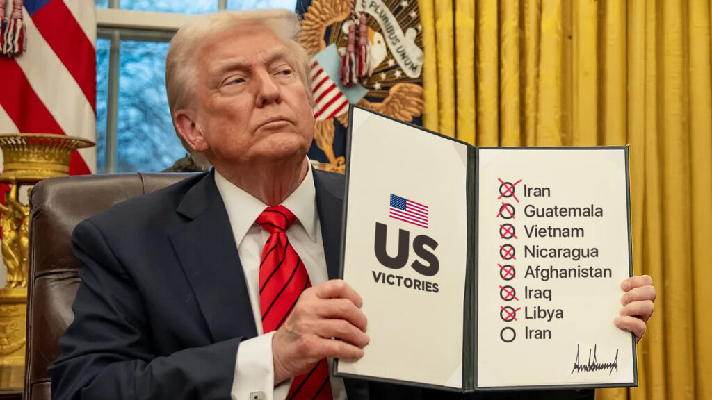 Das Bild zeigt Donald Trump mit einer Checkliste von verschiedenen Ländern.