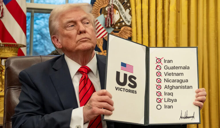 Das Bild zeigt Donald Trump mit einer Checkliste von verschiedenen Ländern.