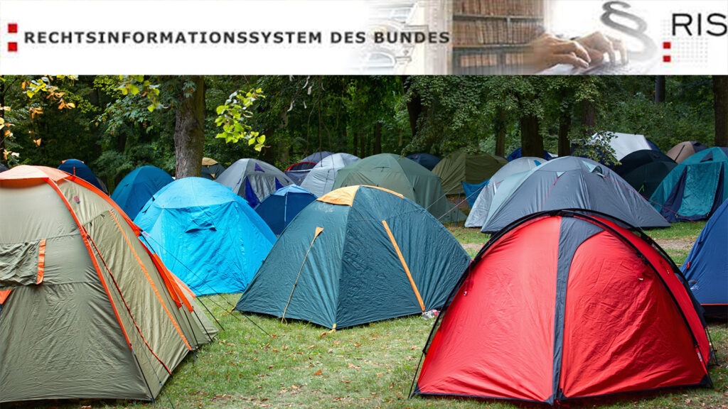 Campingzelte, dazu die ikonische Grafik der RIS-Website