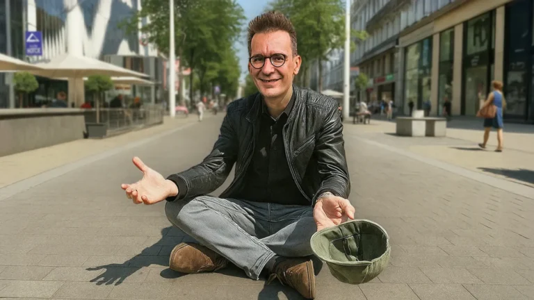 Investmentpunk Gerald Hörhan sitzt auf der Mariahilfer Straße am Boden