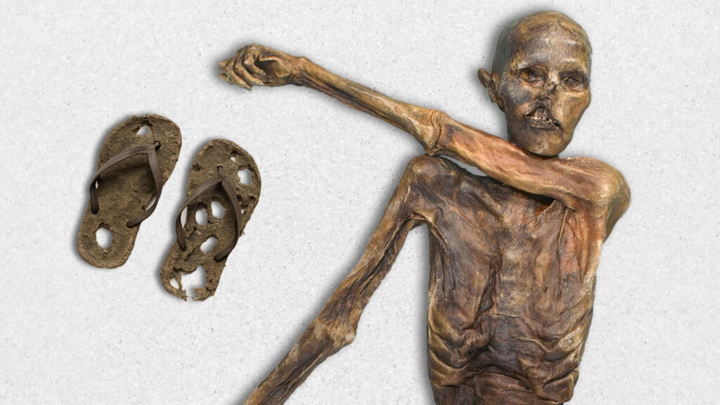 Ötzi, daneben alte Flip-Flops