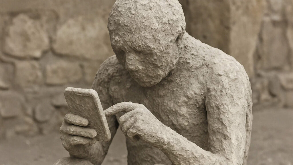 Versteinerte Asche-Mumie in Pompeji, die ein Smartphone hält