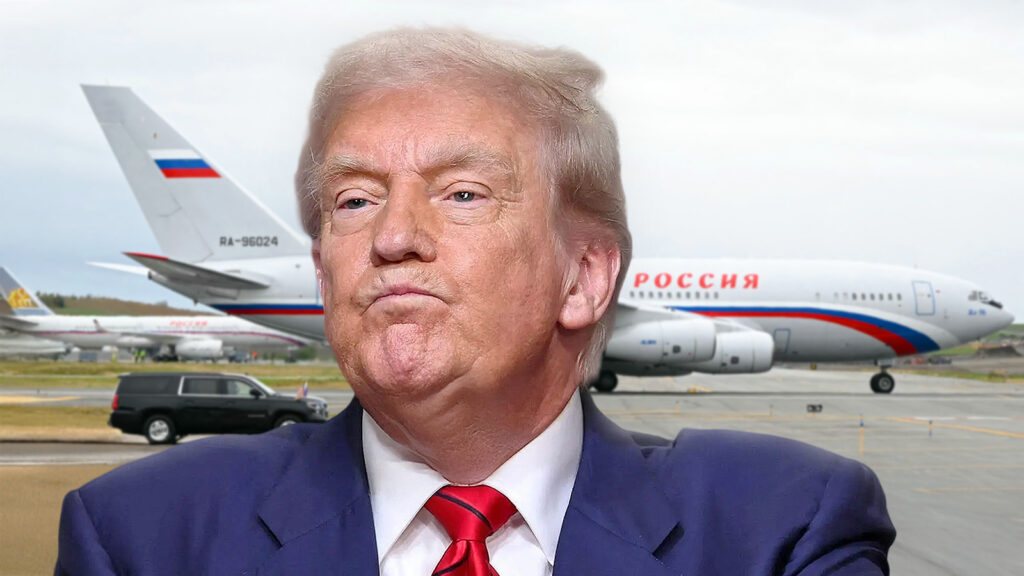 Das Bild zeigt einen nervösen Trump vor Putins Flieger.