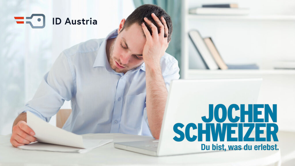 Das Bild zeigt das Jochen Schweizer und ID-Austria Logo und einen genervten Mann vor einem Laptop.