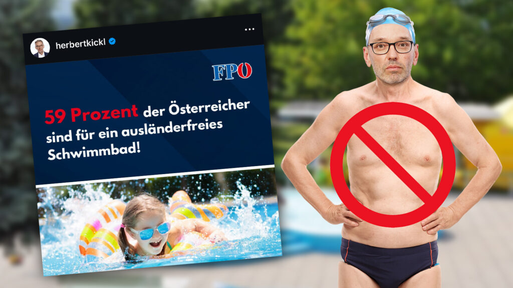 Instagram-Posting von Kickl mit angeblicher Studie, daneben Kickl in Badehose und durchgestrichen