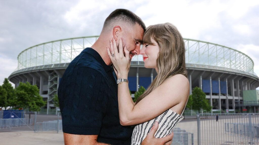 Das Bild zeigt Taylor Swift und ihren Verlobten vor dem Ernst-Happel-Stadion.
