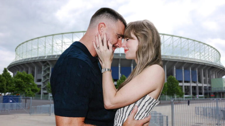 Das Bild zeigt Taylor Swift und ihren Verlobten vor dem Ernst-Happel-Stadion.