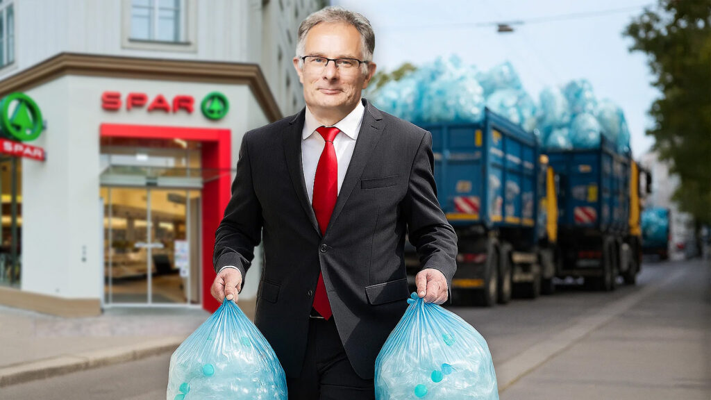 Das Bild zeigt Finanzminister Marterbauer mit zwei Müllsäcken voller Flaschen, im Hintergrund sieht man zwei LKWs voller Flaschen.
