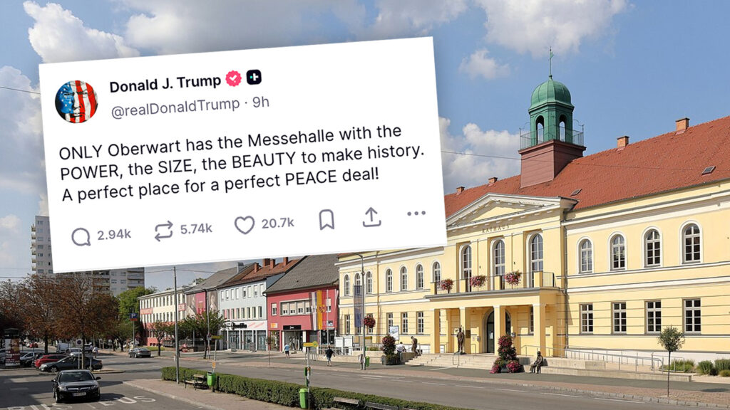 Das Bild zeigt das Stadtzentrum von Oberwart und einen Truth Social Post von Trump. Der Post wird im ersten Absatz behandelt.