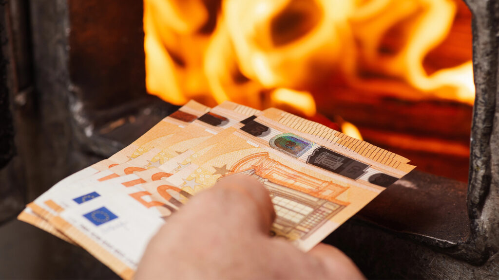 Das Bild zeigt eine Hand, die 50-Euro-Scheine in einen Ofen wirft.