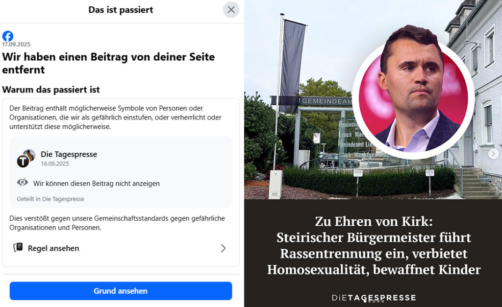 Am Foto ist die Facebook-Meldung über die Löschung zu sehen, sowie die ursprüngliche Tagespresse-Meldung "Zu Ehren von Kirk: Steirischer Bürgermeister führt Rassentrennung ein, verbietet Homosexualität, bewaffnet Kinder"
