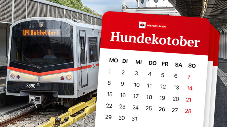 Das Bild zeigt einen Kalender mit dem Monat "Hundekotober" und eine Wiener Ubahn.