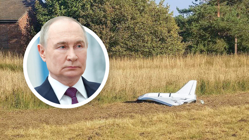 Das Bild zeigt einen gereizten Putin, daneben eine abgeschossene Drohne.