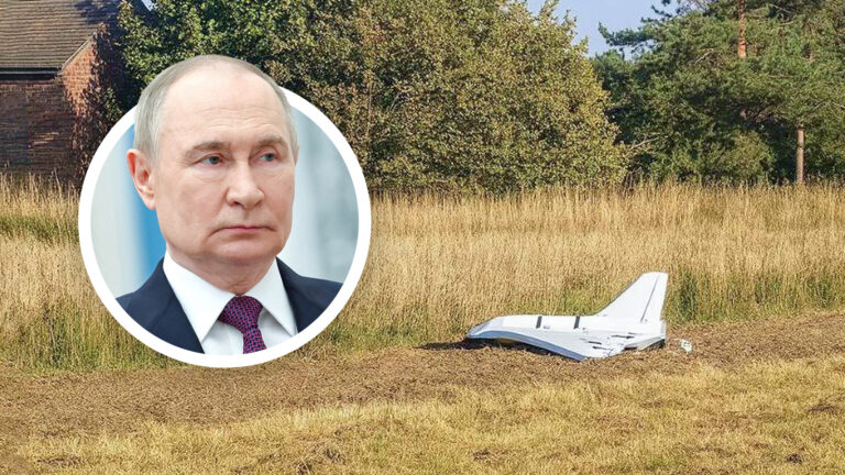 Das Bild zeigt einen gereizten Putin, daneben eine abgeschossene Drohne.