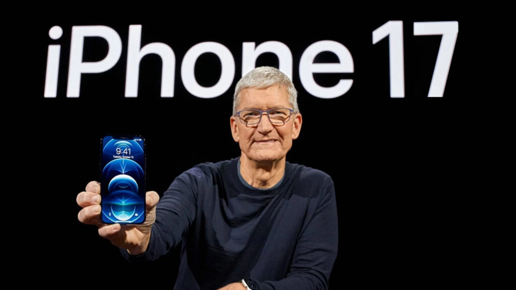 Das Bild zeigt Tim Cook bei der Präsentation des iPhone 17.