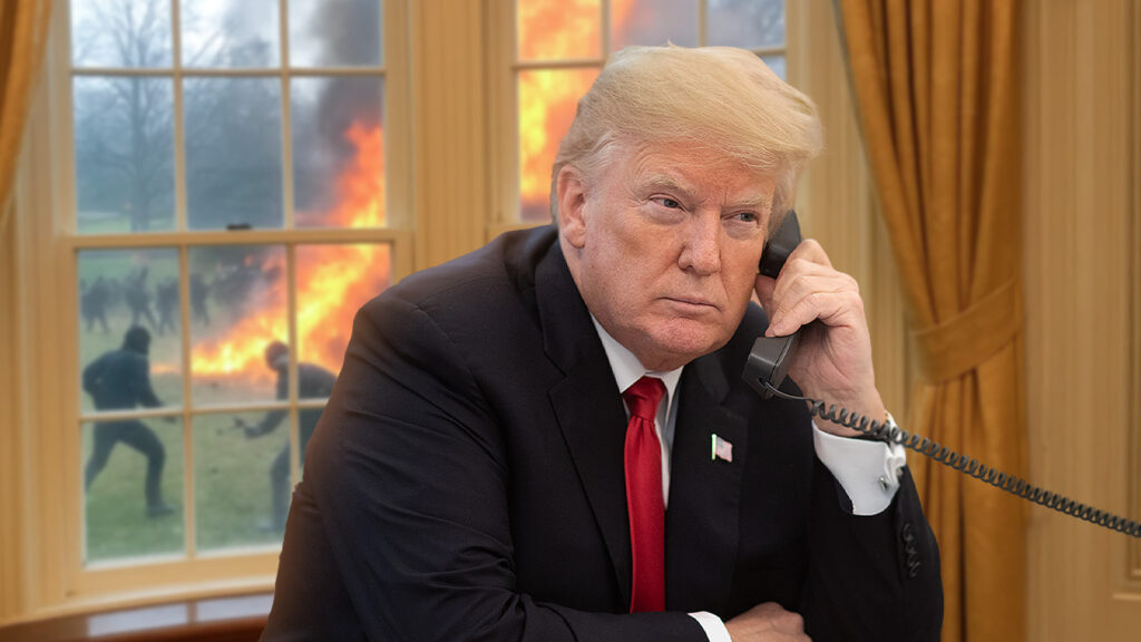 Das Bild zeigt Trump am Telefon im Oval Office. Draußen vor dem Fenster herrscht Chaos.