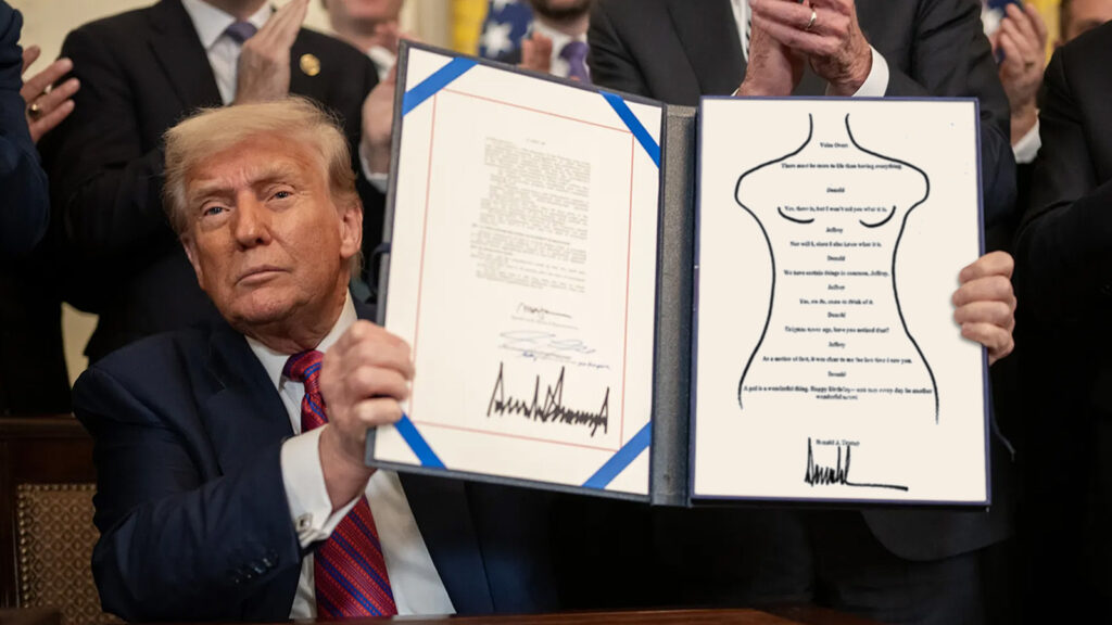 Das Bild zeigt Trump, wie er seinen Brief in die Kameras hält.