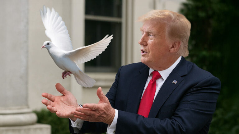 Das Bild zeigt Trump beim freilassen einer Friedenstaube.