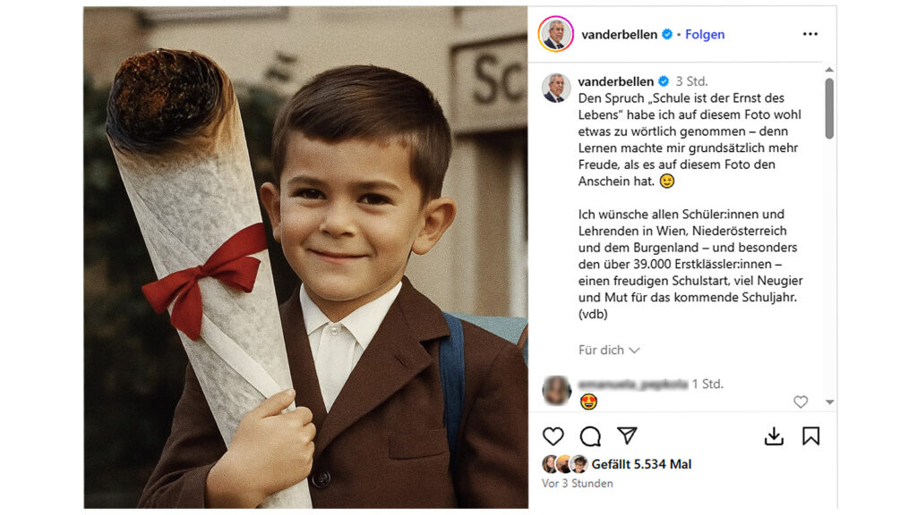 Das Bild zeigt Bundespräsident Alexander van der Bellen als Schulkind mit einem rießigen Joint.