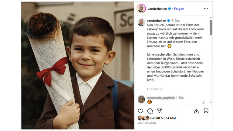 Das Bild zeigt Bundespräsident Alexander van der Bellen als Schulkind mit einem rießigen Joint.