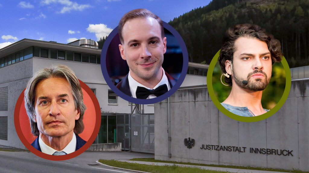 Das Bild zeigt die JVA Innsbruck sowie Grasser, Teichtmeister und Ochsenknecht.