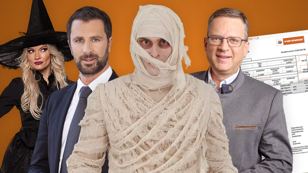Das Bild zeigt eine Mumie, Wöginger, eine Hexe, Dornauer und eine Wien Energie Jahresabrechnung.