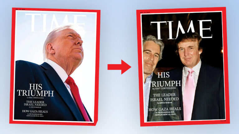Das Bild zeigt ein vorher-nachher der zwei cover. Auf dem ersten ist nur Trump zu sehen, auf dem neuen sind trump und Epstein zu sehen.