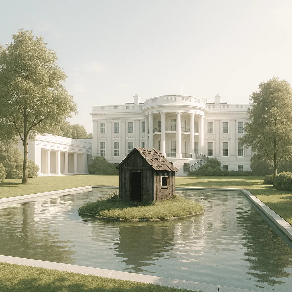 Eine kleine Insel mit einem Haus drauf im Garten des Weißen Haus