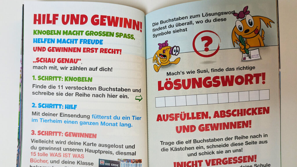 Foto des Kalenders, zusehen ist ein Tierschutz-Kinderrätsel