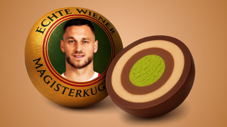 Das Bild zeigt eine Mozartkugel mit dem Gesicht von Marko Arnautovic.