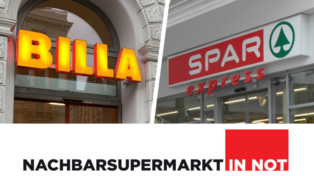 Das Bild zeigt eine Billa Filiale und eine Spar Filiale sowie das "Supermarktnachbar in Not" - Logo