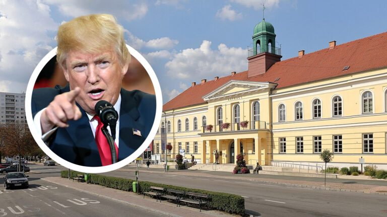 Das Bild zeigt den Stadtplatz von Oberwart und Donald Trump.