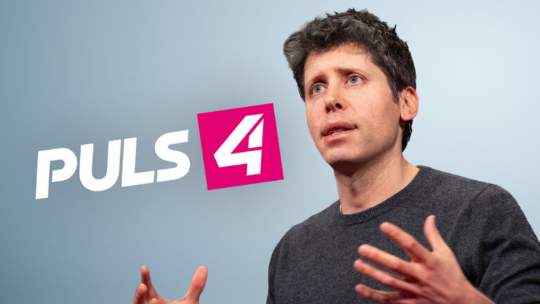 Das Bild zeigt Sam Altman und das Puls4-Logo