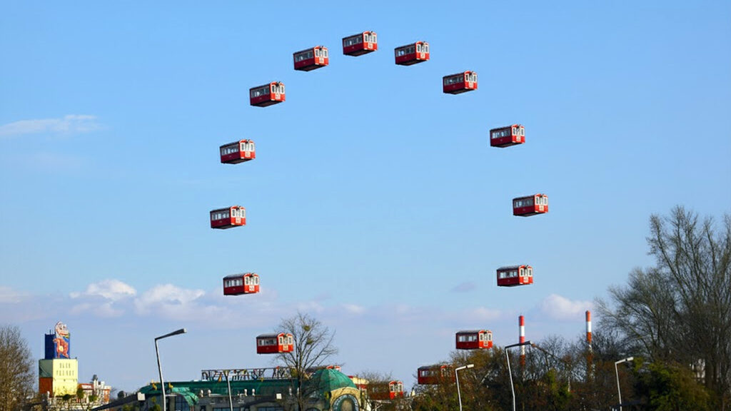 Das Bild zeigt das Wiener Riesenrad ohne Gerüst, die Kabinen schweben in der Luft.