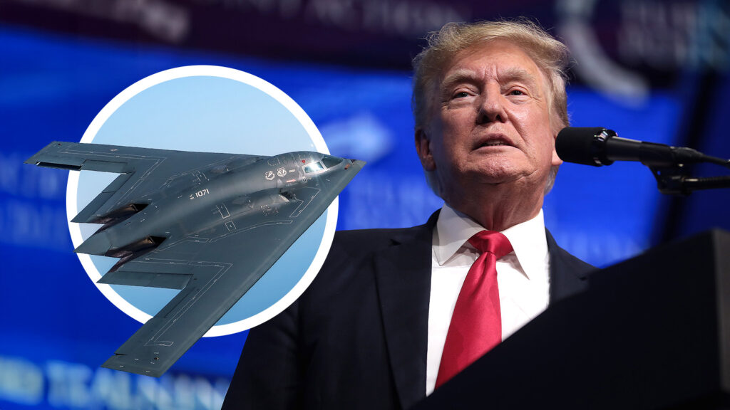 Das Bild zeigt einen Tarnkappenbomber und US-Präsident Donald Trump.