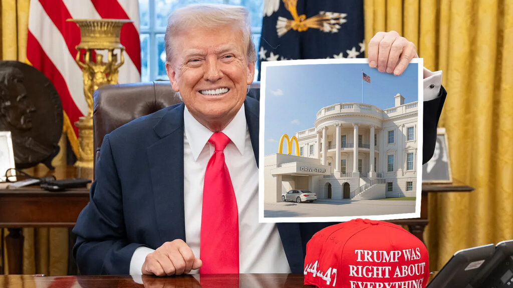 Das Bild zeigt Trump, wie er ein Bild von einem 3D-Render eines McDonalds neben dem Weißen Haus in der Hand hat.