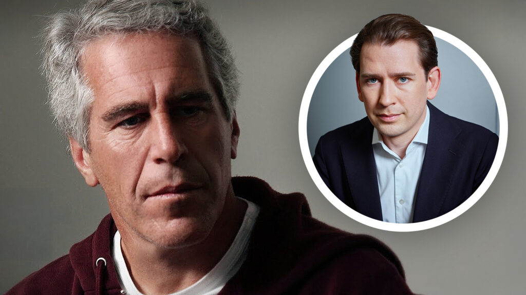 Das Bild zeigt Jeffrey Epstein mit besorgtem Blick. Im Kreis daneben ist Sebastian Kurz mit bösem Blick.