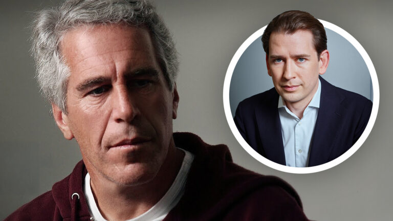 Das Bild zeigt Jeffrey Epstein mit besorgtem Blick. Im Kreis daneben ist Sebastian Kurz mit bösem Blick.