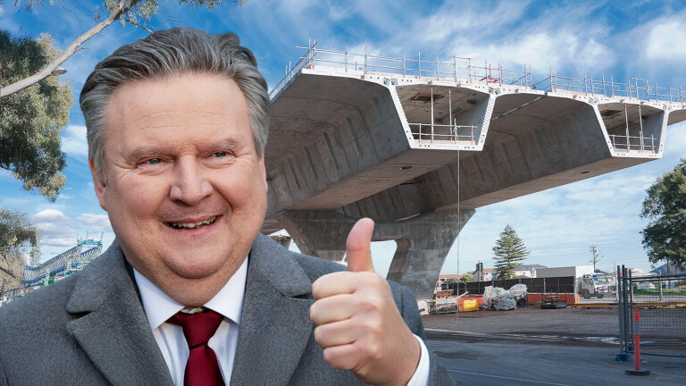 Das Bild zeigt Bürgermeister Ludwig, seine Hand hat er zu einem Daumen nach oben geformt. Im Hintergrund sieht man eine Brückenbaustelle.