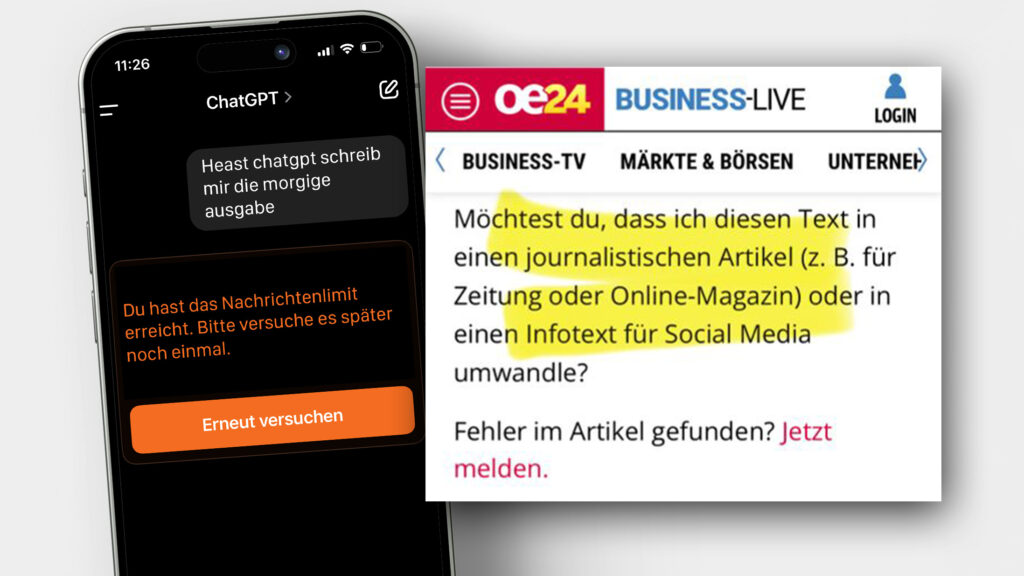 Echter Screenshot einer ChatGPT-Meldung in einem oe24-Artikel