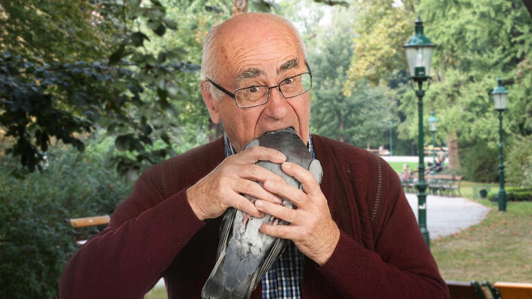 Das Bild zeigt einen Pensionisten beim verzehren einer Taube im Stadtpark.