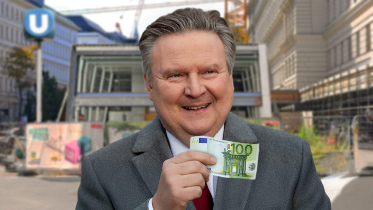 Das Bild zeigt einen lächelnden Bürgmeister Michael Ludwig mit einer 100er-Banknote in der Hand. Im Hintergrund sieht man die U5 Baustelle.
