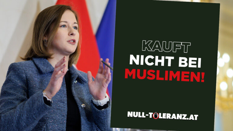 Das Bild zeigt Integrationsministerin Plakolm mit einem Instagram Post. Der text im Post ist "Kauft nicht bei Muslimen!".