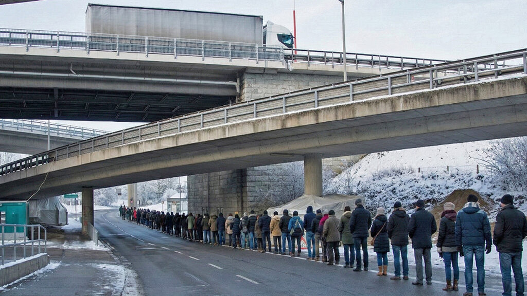 Das Bild zeigt eine lange Menschenlange auf der Autostraße in Kaisermühlen.